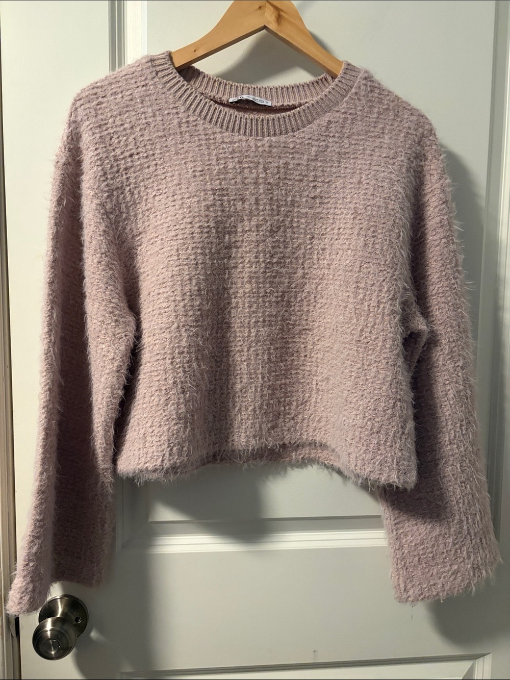 Zara Light Mauve Fuzzy Crewneck Sweater